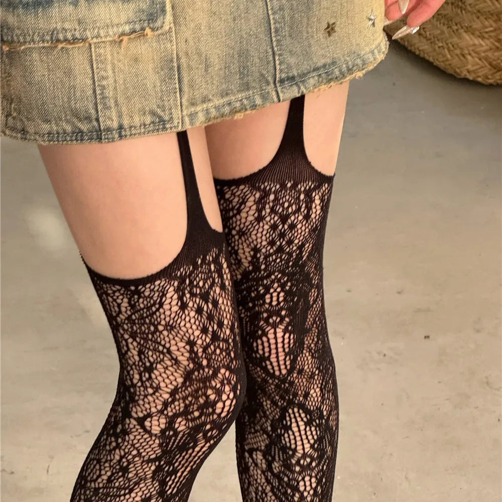 Women Lace Sling-back Fishnet Stockings Pantyhose Retro Sexy Flower Leggings Tights Underwear Lolita Hollow Party Lingerie LUNARITY GARAGE Black