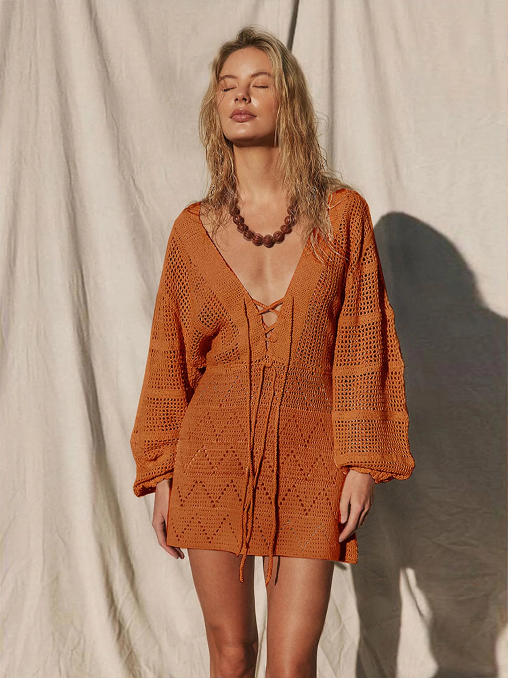 Daring Winter Warmth: The Sexy See-Through Deep V-Neck Knit Mini Dress Dress LUNARITY GARAGE Orange Red S