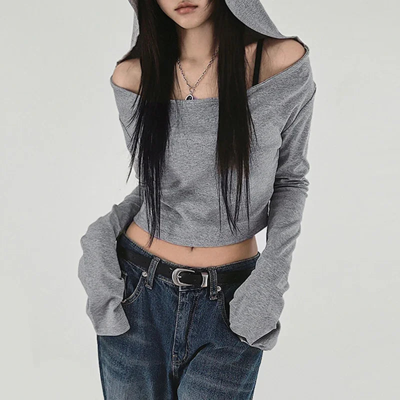 Y2K Grunge Hooded Long Sleeve Top – Slim Fit Vintage Streetwear Tops Lunarity Garage