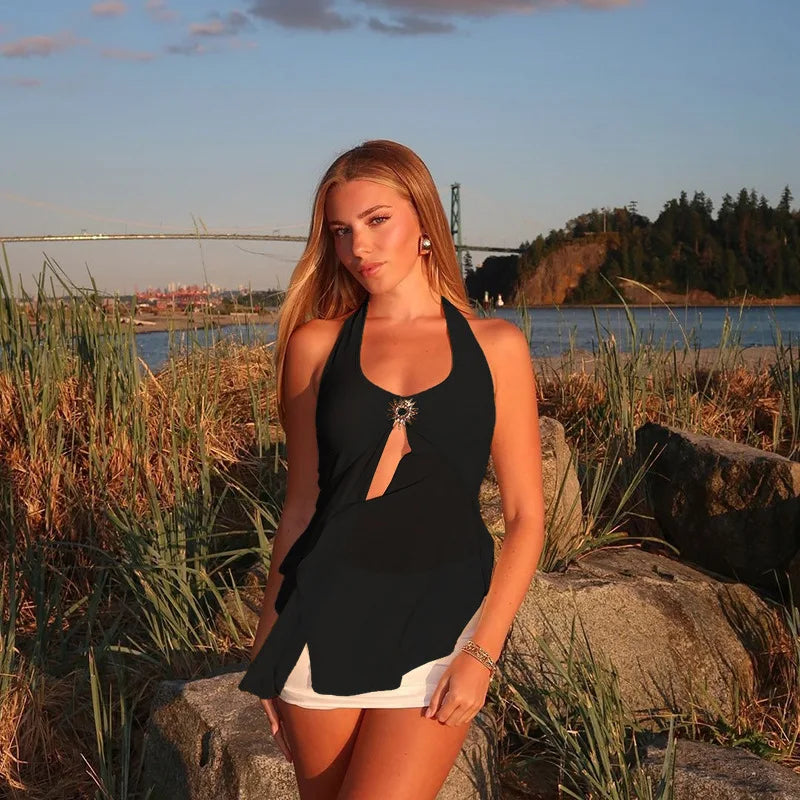 Halter Tie-Back Sheer Mesh Tank Top - Metal Accents Backless Y2K Vest Tank top LUNARITY GARAGE