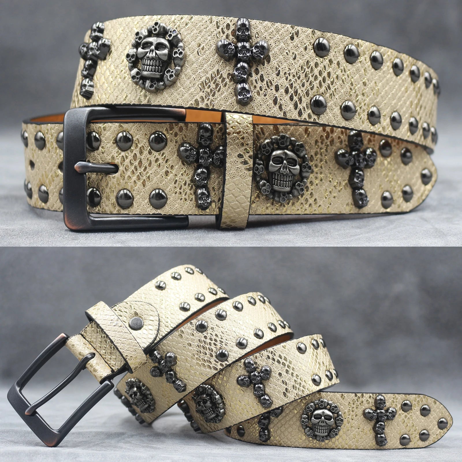 Y2K Metal Punk Rock Rivet Belt – Skull Studded Goth Style (3.8cm) belt LUNARITY GARAGE Gold 105CM