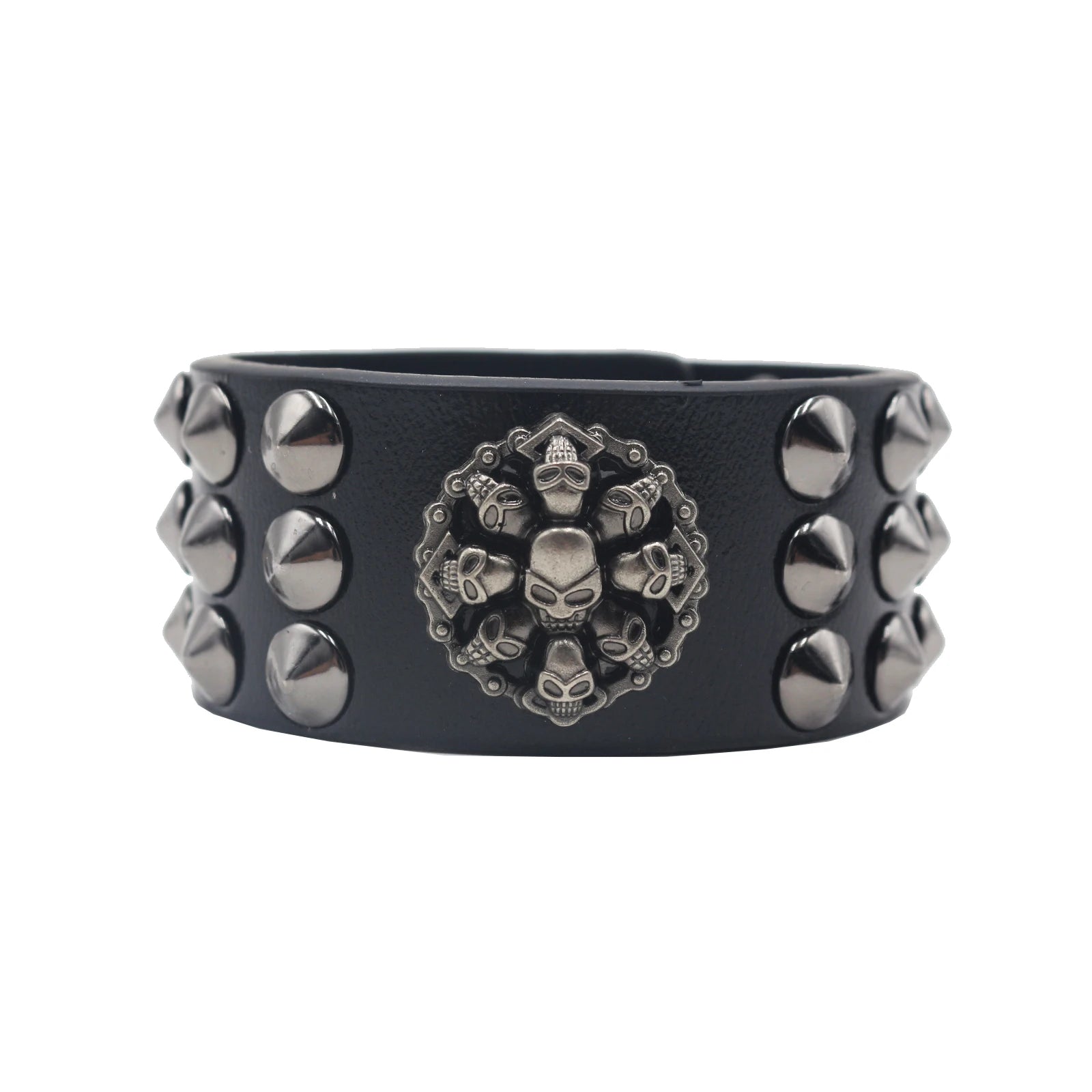 Skull Cross Rivet Wide Cuff Bracelet – Genuine Leather Punk Rock Bangle