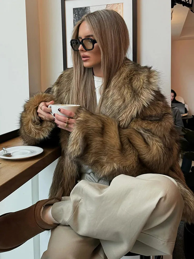 Winter Luxury Lapel Thicken Fluffy Fur Coat – Chic Brown Oversized Plush Jacket Jackets LUNARITY GARAGE