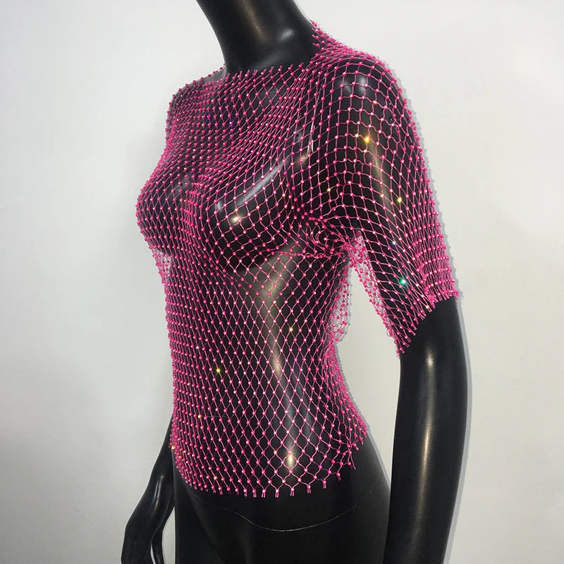 Glitter Rhinestone Fishnet Crop Top – Festival-Ready Sparkle crop top Lunarity Garage One Size Short Sleeve Pink