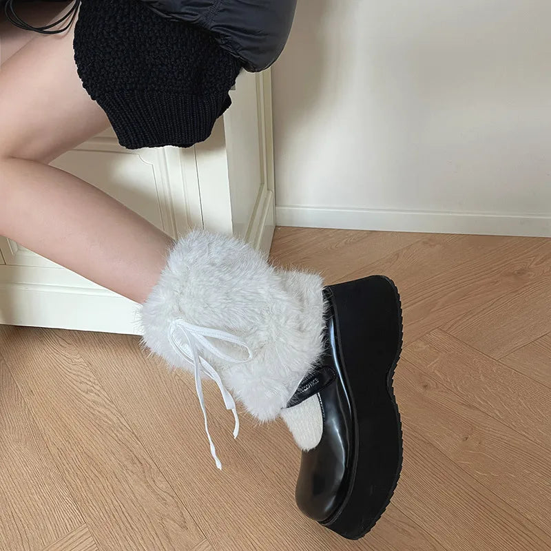 JK White Bow Tie Leg Warmers with Faux Rabbit Fur Ball – Thick Plush Y2K Winter Boots Cover Socks Leg Warmers LUNARITY GARAGE