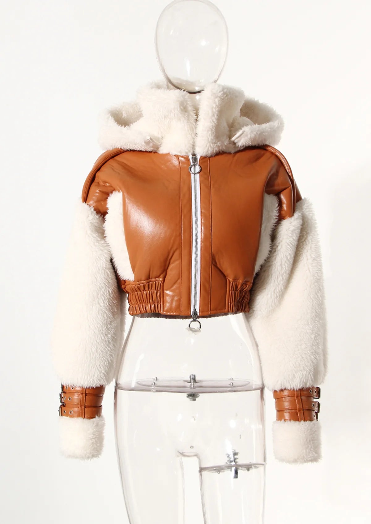 Leather Patchwork Lamb Wool Hooded Jacket Women Thick Warm Crop Coats Coats LUNARITY GARAGE