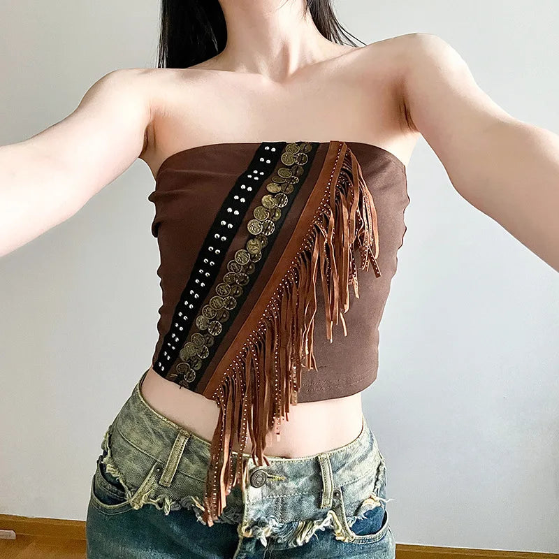 Exotic Ethnic Style Strapless Fringed Top with Metal Retro Decoration – Slim Fit Indie Folk Y2K Tank Tops LUNARITY GARAGE