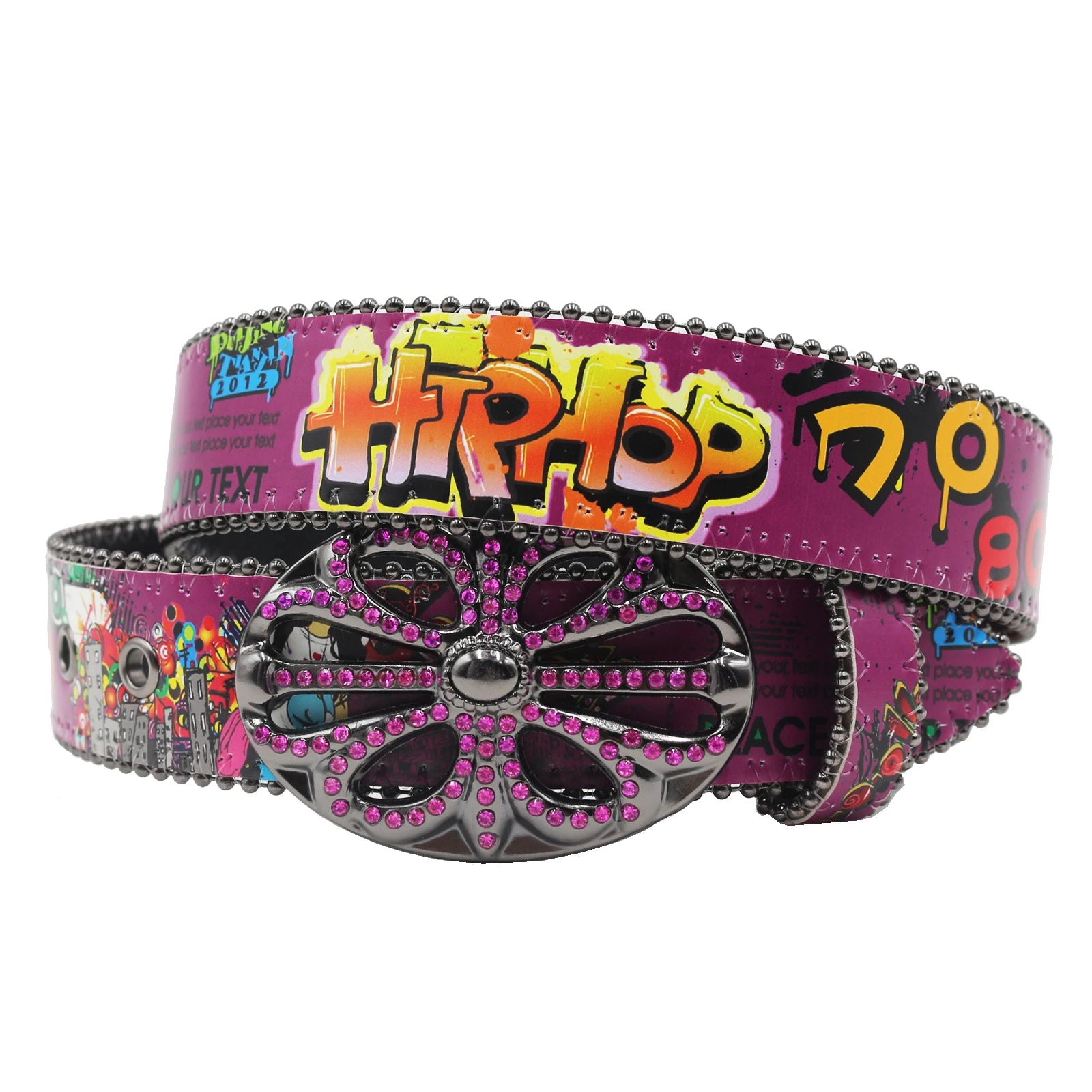 Bohemia Hip-Hop Graffiti Print Rhinestone Belt – Cowgirl & Cowboy Bling belt LUNARITY GARAGE Purple 105CM
