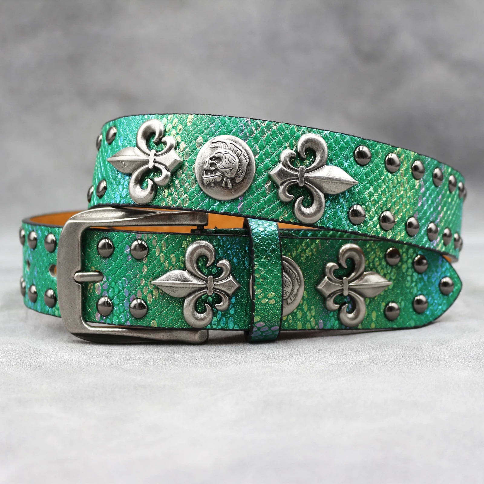 Y2K Leather Rivet Belt – Golden Cross Studded Rock Style belt LUNARITY GARAGE Green 105CM