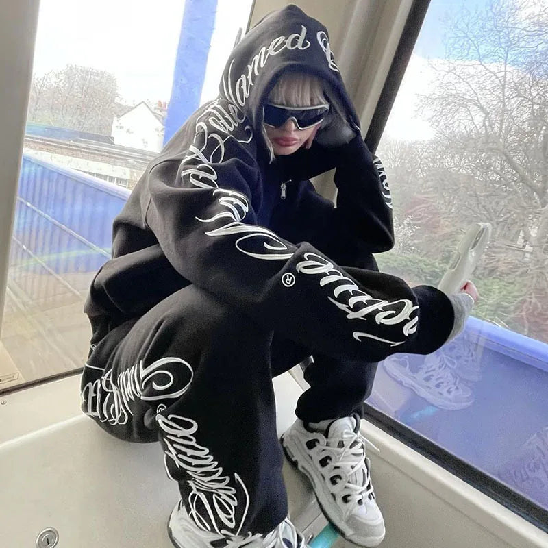 Gothic Letter Embroidery Zip-Up Hoodie & Sweatpants Set – Y2K Hip Hop Casual Streetwear sweatshirt LUNARITY GARAGE Set S