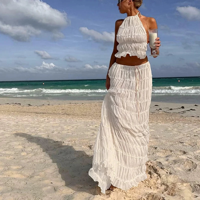 Boho Backless 2-Piece Set – Halter Ruched Cami Top & Maxi Skirt Clothing Set LUNARITY GARAGE White S