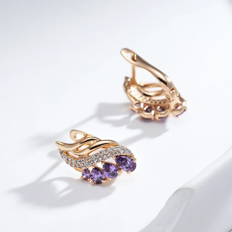 Purple Water Drop Natural Zircon Earrings for Women Luxury 585 Rose Gold Fashion Jewelry Unique Daily Drop Earrings ring LUNARITY GARAGE