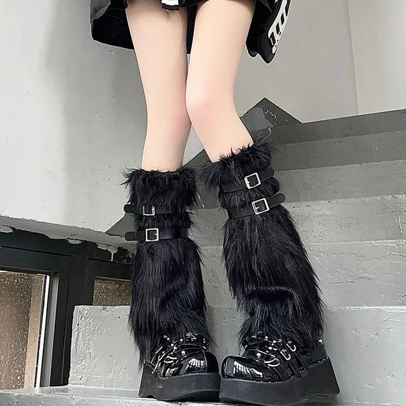 Harajuku Punk Leather Belt Fur Leg Warmers – Cozy Thick Imitation Rabbit Leggings Boots Covers Leg warmer LUNARITY GARAGE Black 40cm