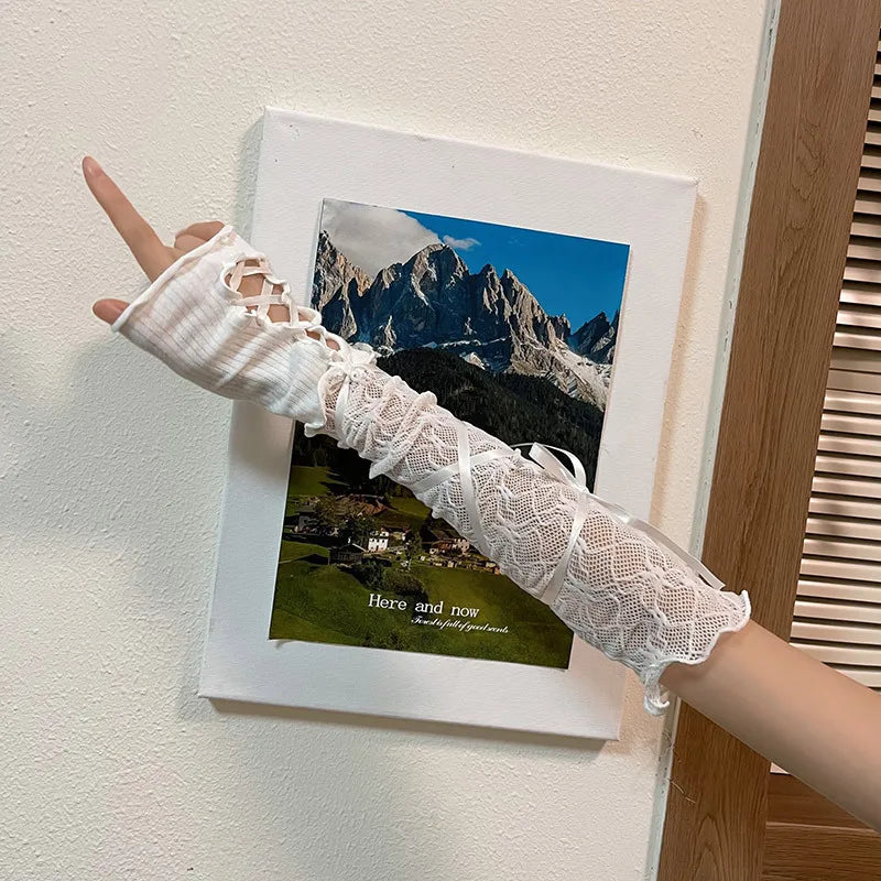 Women Lolita JK Lace Fingerless Gloves - Gothic Strapping Mesh Sunscreen Sleeves Gloves Lunarity Garage   