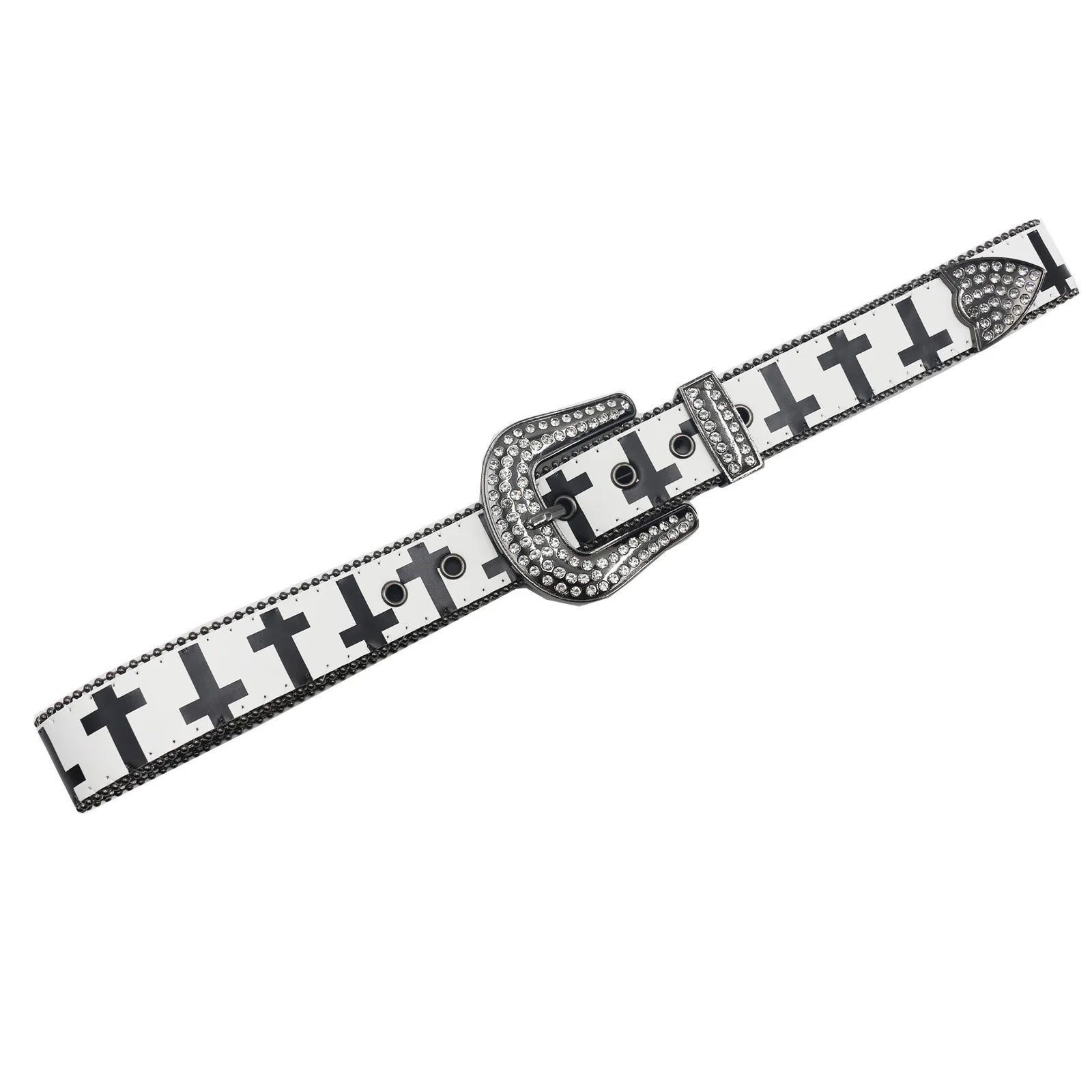 Black & White Cross Rhinestone Belt - Y2K Gothic Trend PU Leather Belt LUNARITY GARAGE