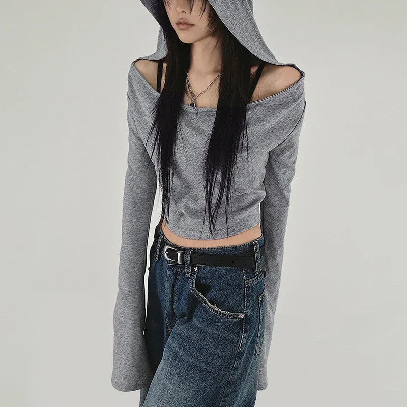Y2K Grunge Hooded Long Sleeve Top – Slim Fit Vintage Streetwear Tops Lunarity Garage