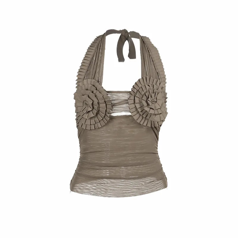 Hollow Out Frill Mesh Crop Top – See-Through Y2K Halter, Ruched Backless Clubwear crop top Lunarity Garage