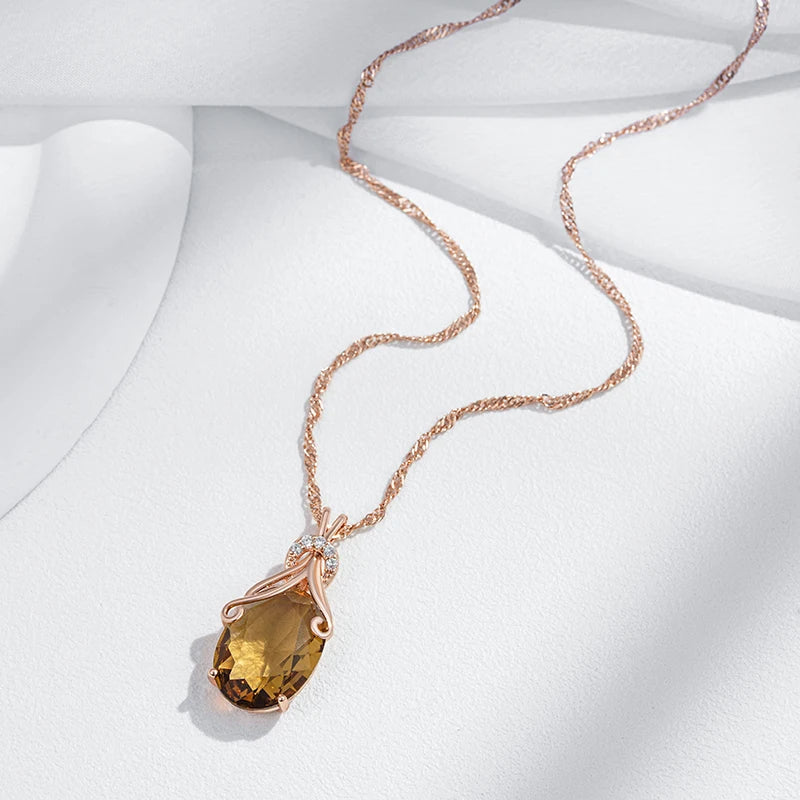 Rose Gold Big Oval Light Brown Zircon Pendant Necklace for Women necklaces LUNARITY GARAGE