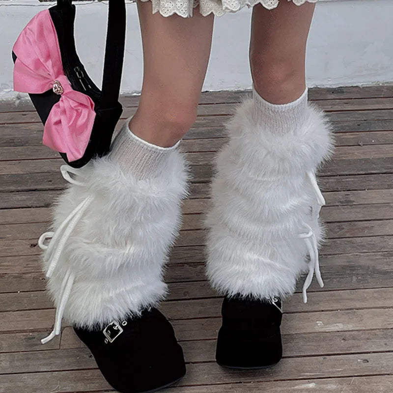 Punk Bow Tie Faux Rabbit Fur Leg Warmers – Y2K Winter Plush Boot Covers for Cold Weather Leg Warmers LUNARITY GARAGE   