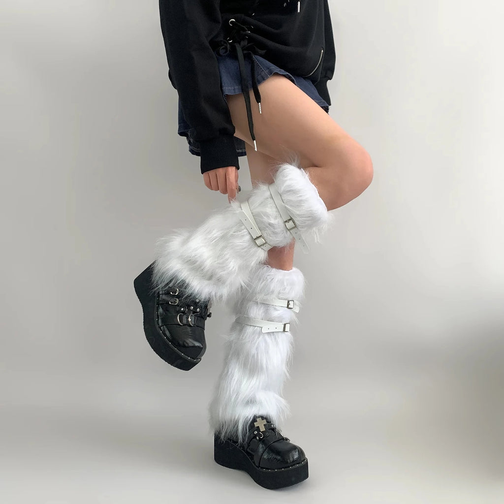 Harajuku Punk Leather Belt Fur Leg Warmers – Cozy Thick Imitation Rabbit Leggings Boots Covers Leg warmer LUNARITY GARAGE   