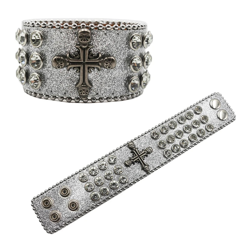 Exquisite Crystal Rhinestone Skull Cross Bracelet – PU Leather Party Jewelry Bracelets LUNARITY GARAGE SZKLT-Shiny silver