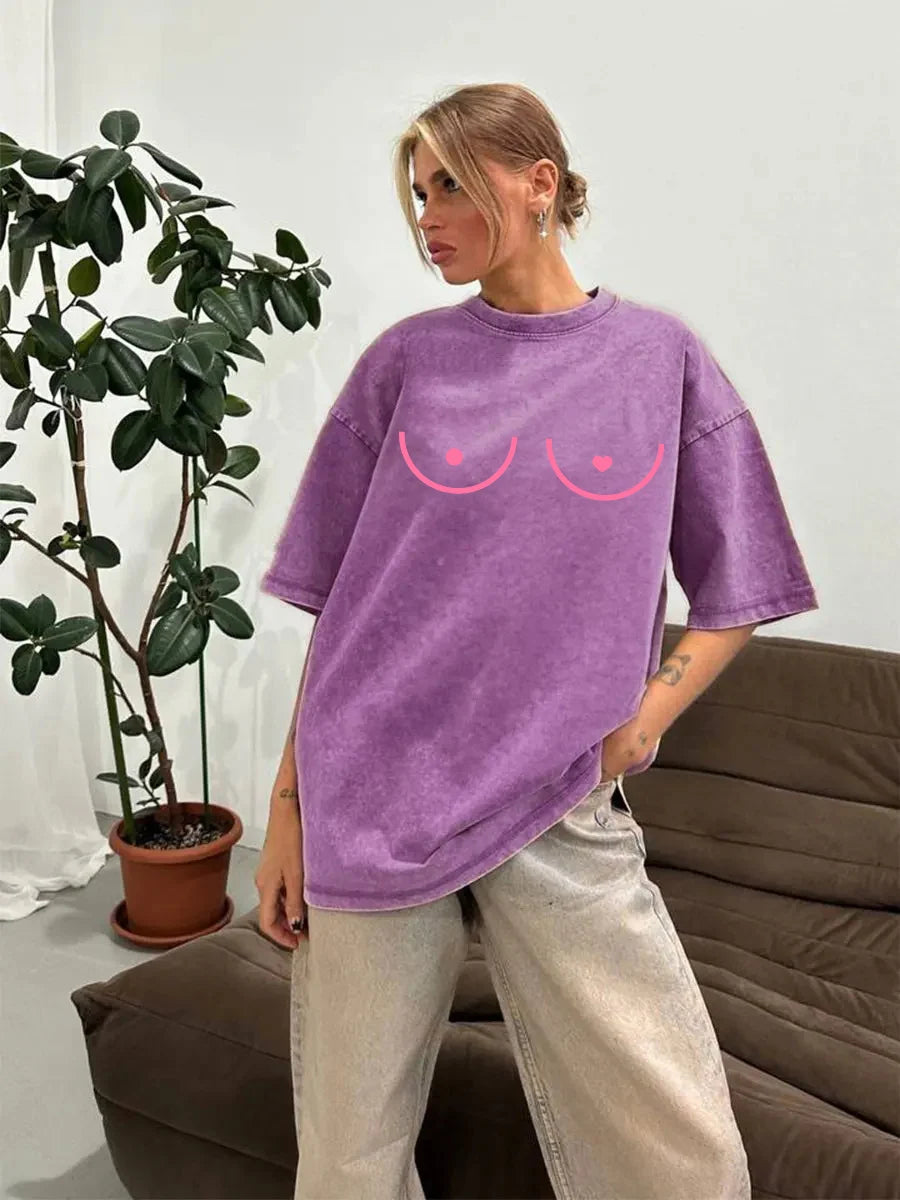 Heart Graphic Washed Cotton T-Shirt - Y2K Loose Retro Short Sleeve Tee Tshirt LUNARITY GARAGE Purple S