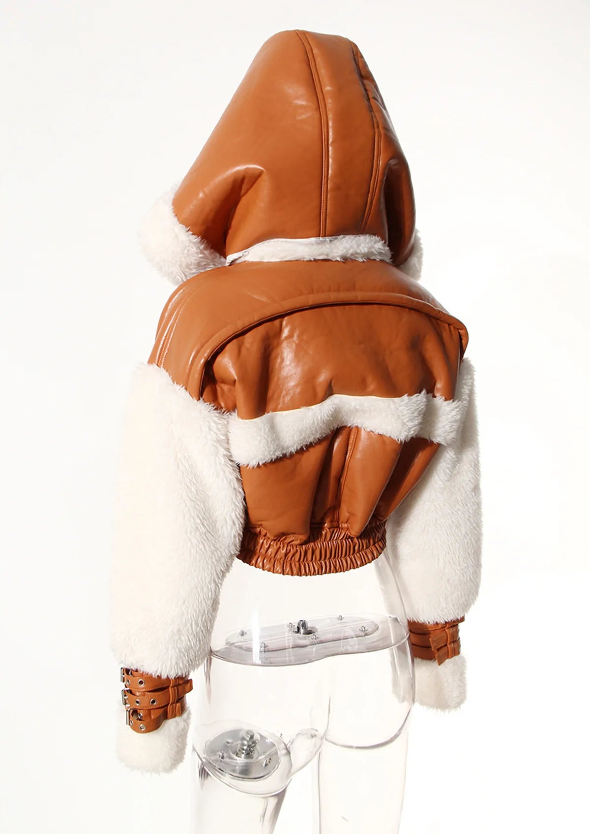 Leather Patchwork Lamb Wool Hooded Jacket Women Thick Warm Crop Coats Coats LUNARITY GARAGE