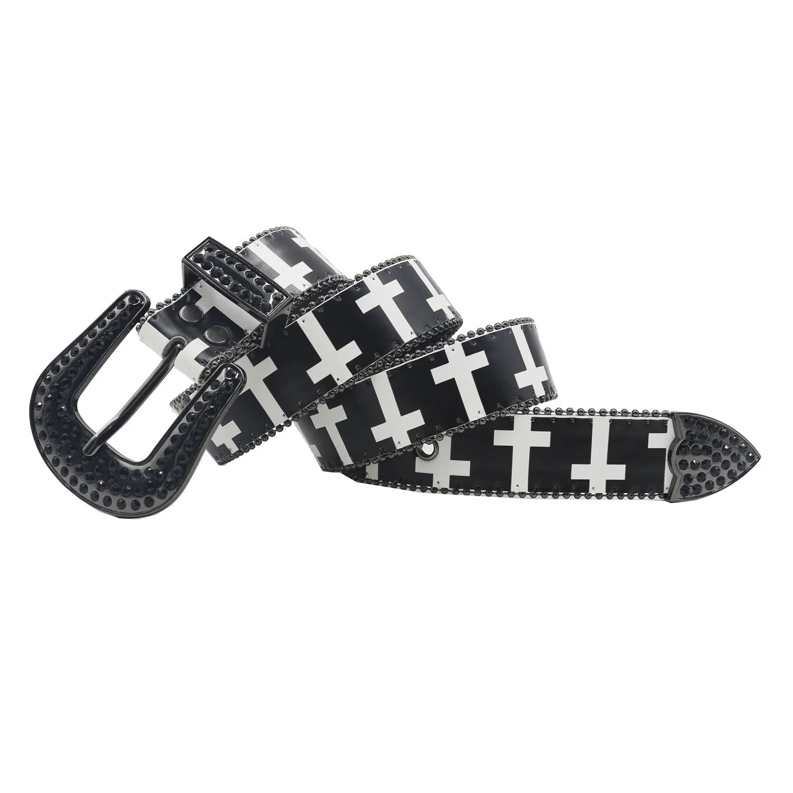 Black & White Cross Rhinestone Belt - Y2K Gothic Trend PU Leather Belt LUNARITY GARAGE