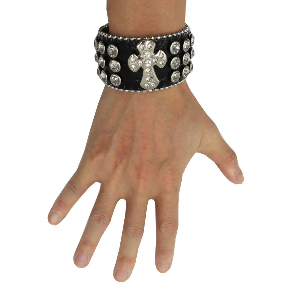 Designer PU Leather Rhinestone Cross Bracelet – Western Bling Statement Piece Bracelets LUNARITY GARAGE