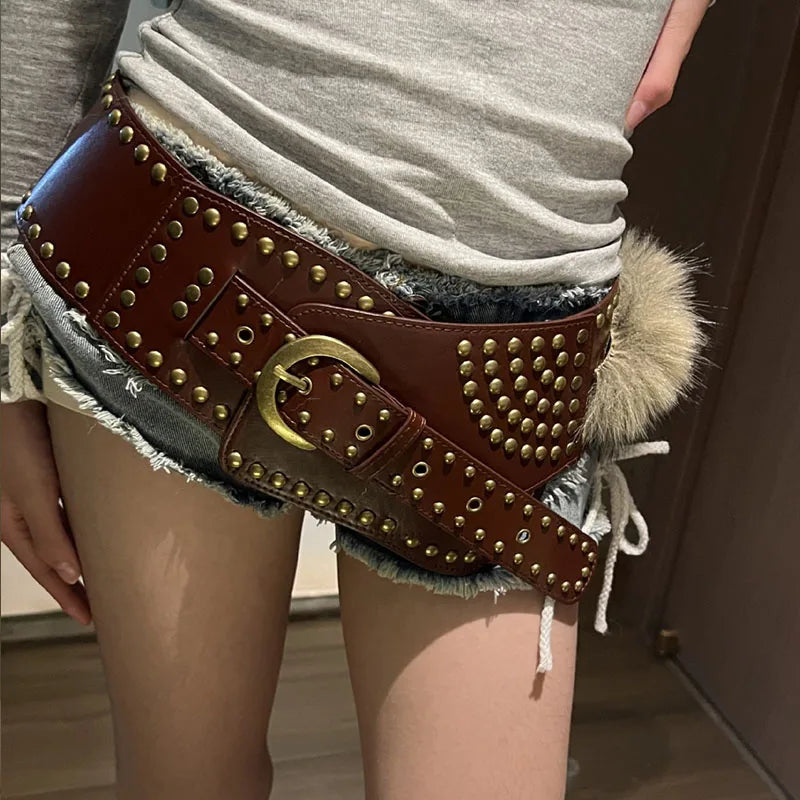 Punk Studded Fur Belt - Vintage Cowgirl Y2K Gothic Waistband for Night Club Dress Belt LUNARITY GARAGE