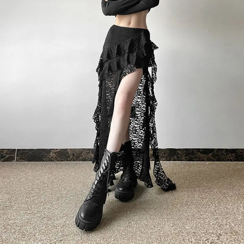 Punk Goth Skirt for Women – Dark Asymmetrical Ruffled Lace High Waist Skirt Skirts LUNARITY GARAGE