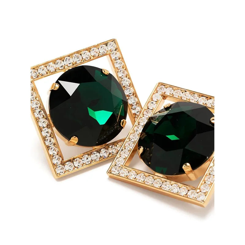 Rhinestone Big Round Stone Drop Earrings Earrings Lunarity Garage Green Silver