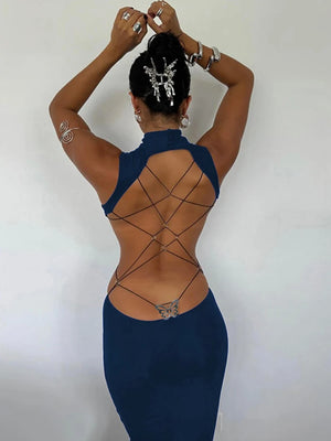Backless High Collar Bodycon Maxi Dress – Elegance & Allure dress LUNARITY GARAGE Blue S