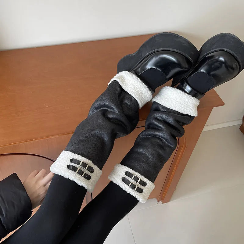 Punk Thickened Lamb’s Wool Suede Leg Warmers – Y2K Winter Knee Warmers with Plush Fur Ball Detail Leg Warmers LUNARITY GARAGE