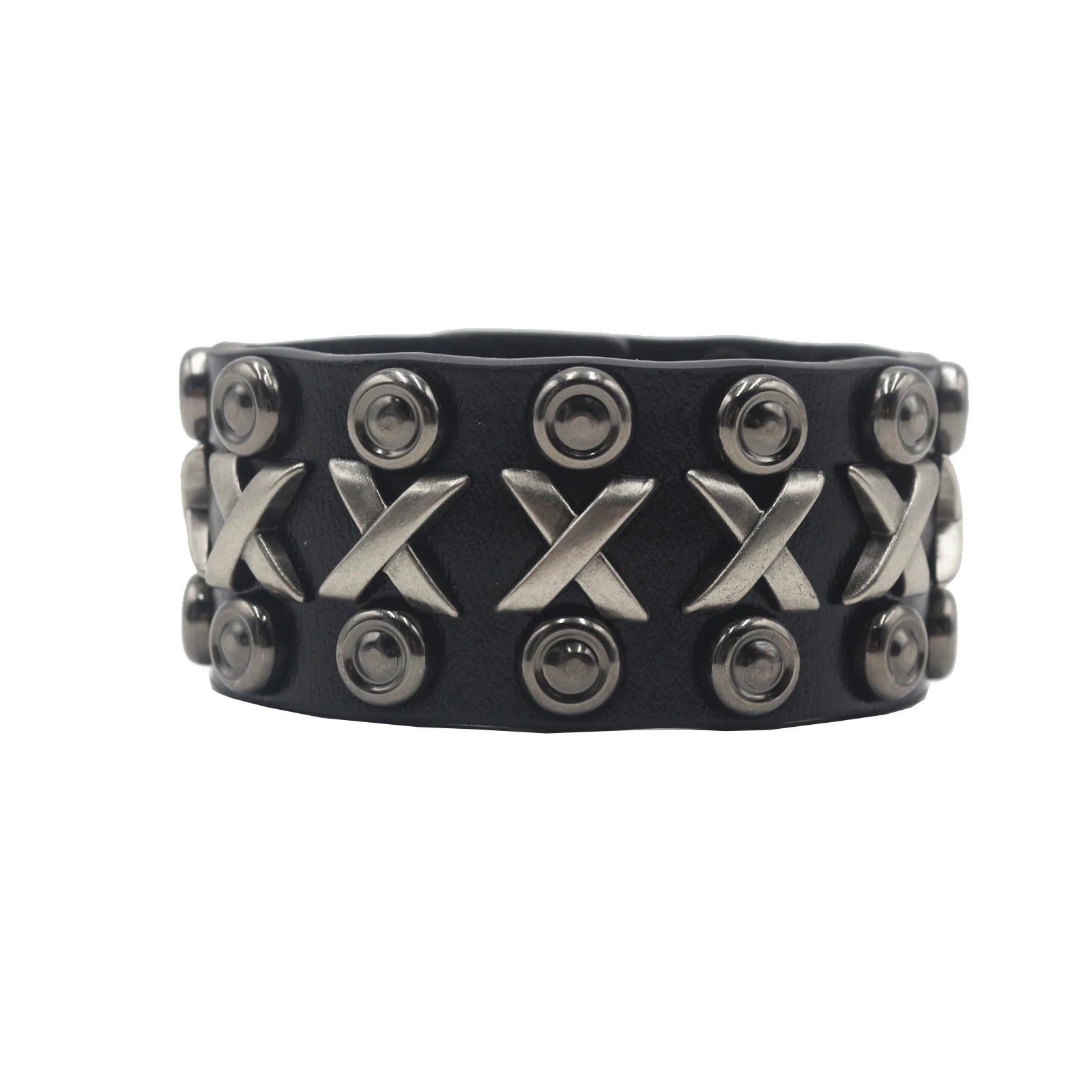 Skull Cross Rivet Wide Cuff Bracelet – Genuine Leather Punk Rock Bangle Bracelets LUNARITY GARAGE 06