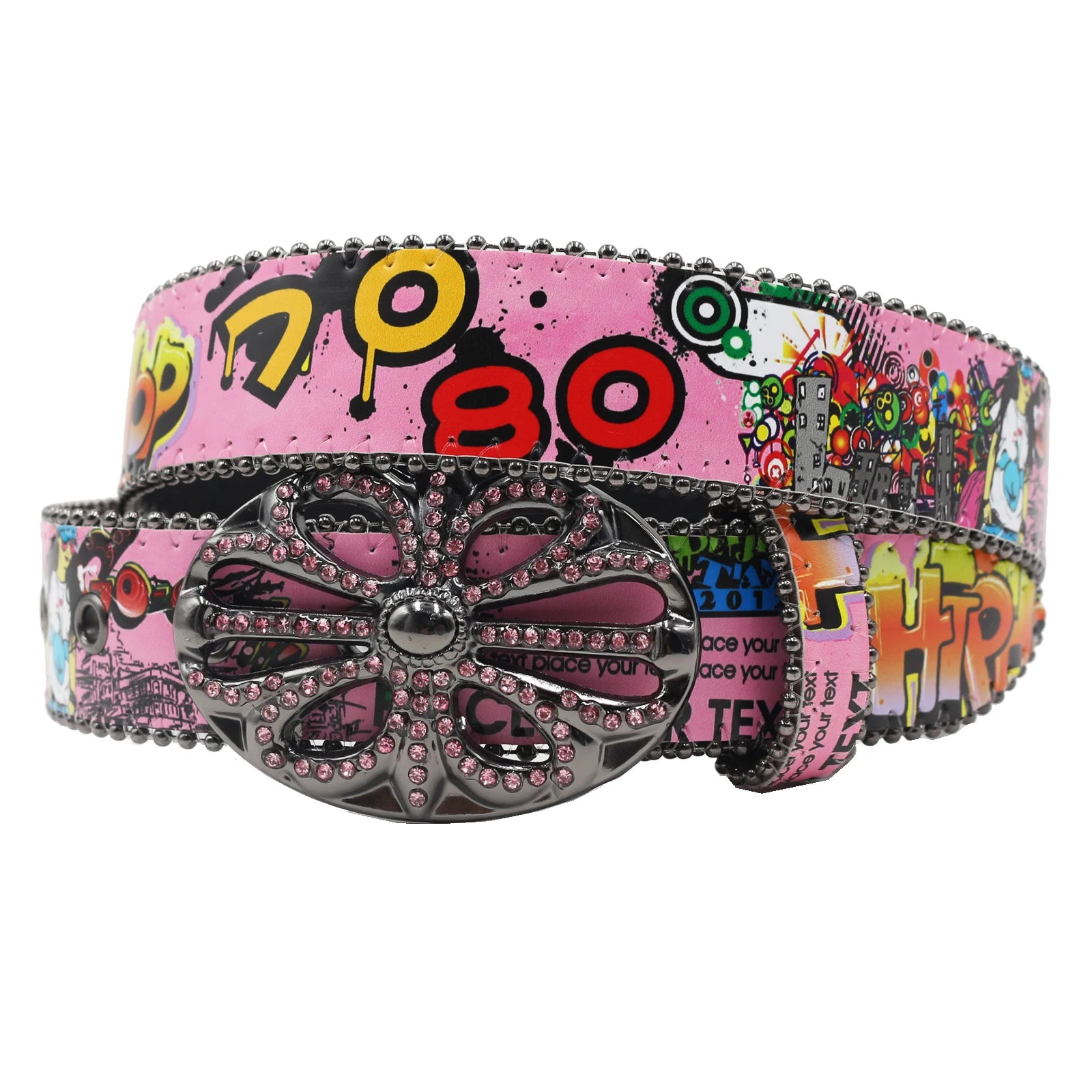Bohemia Hip-Hop Graffiti Print Rhinestone Belt – Cowgirl & Cowboy Bling belt LUNARITY GARAGE Pink 105CM