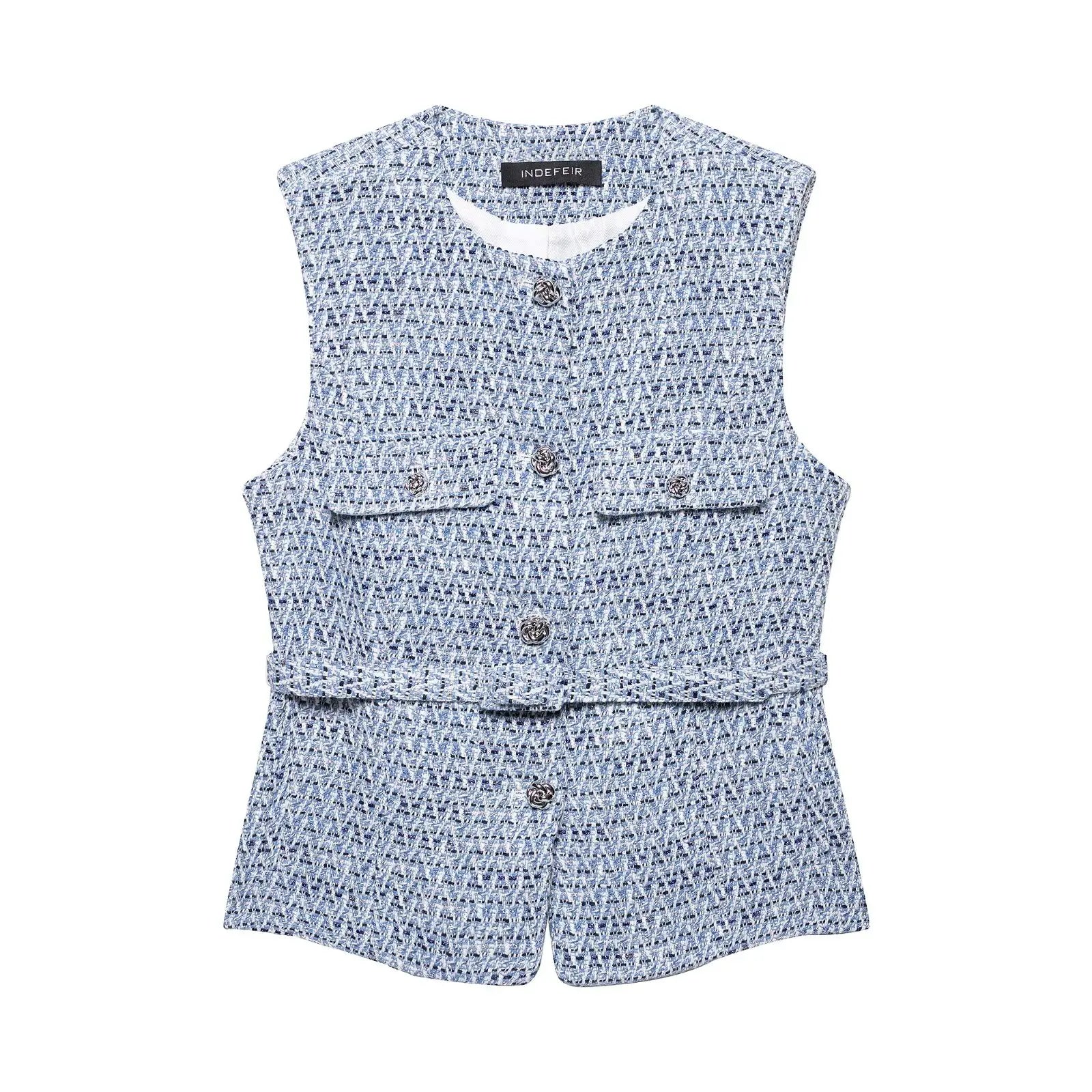 Women's Chic O-Neck Sleeveless Texture Vest Top | Elegant Button Pockets Casual Waistcoat Tops LUNARITY GARAGE Blue XS