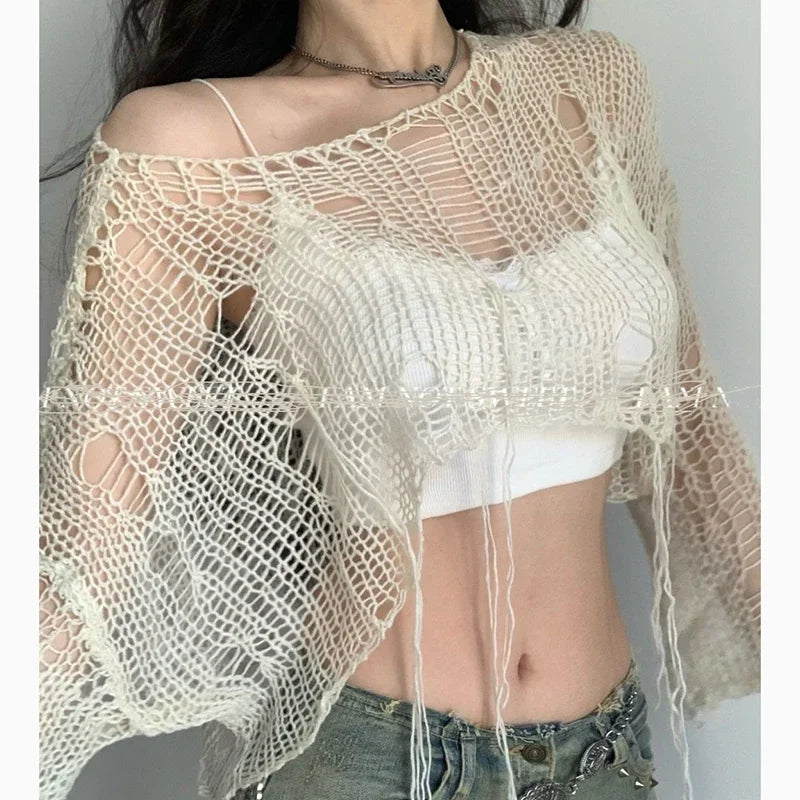 Boho Knitted Hollow Out Crop Tee – Vintage Y2K Loose Fit Ripped Long Sleeve Jumper for Women crop top Lunarity Garage