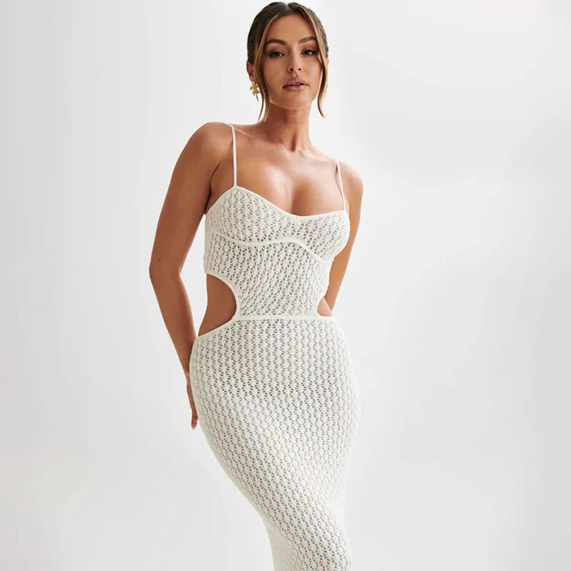 Women Long Knitted Beach Dress - Hollow Out Deep V-Neck Sleeveless Bikini Cover Up Fall Backless Holiday Dress beach dress LUNARITY GARAGE White S