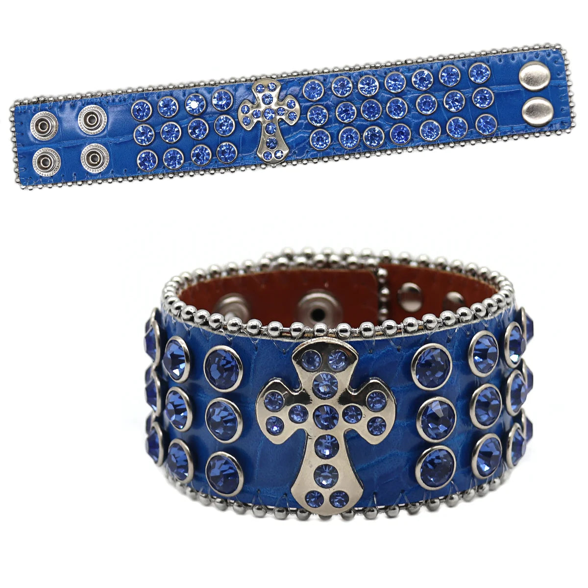 Designer PU Leather Rhinestone Cross Bracelet – Western Bling Statement Piece Bracelets LUNARITY GARAGE Blue