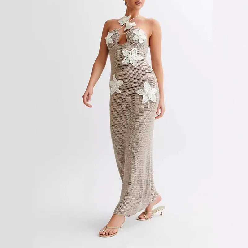 Elegant Beach Vacation Summer Trend Clubwear Bodycon Dress | Appliques Halter Sexy Flower Knit See Through Long Dress beach dress LUNARITY GARAGE Khaki S