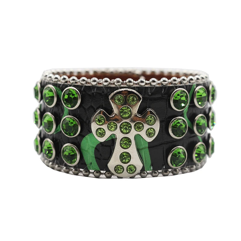Designer PU Leather Rhinestone Cross Bracelet – Western Bling Statement Piece Bracelets LUNARITY GARAGE HW-Green