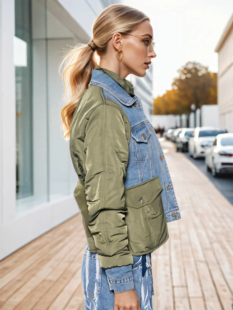 Blue Green Patchwork Denim Jacket - Loose Fit Short Coat with Turn-Down Collar jackets LUNARITY GARAGE   