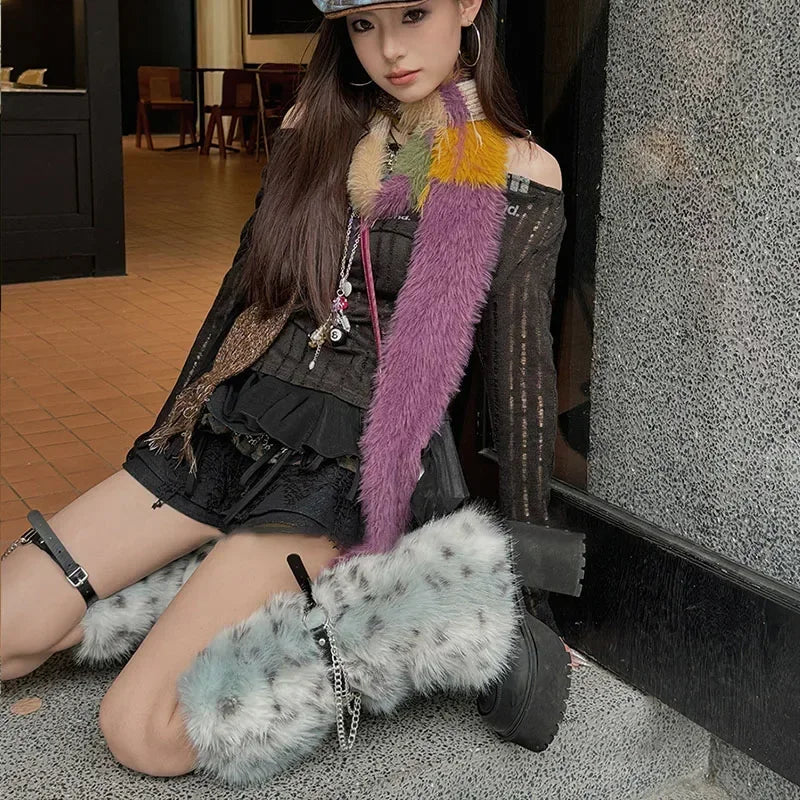 Winter Leopard Print Faux Fur Leg Warmers – Y2K Plush Punk Chain PU Belt, Harajuku Thickened Boots Cover, Fluffy Socks Leg warmer LUNARITY GARAGE