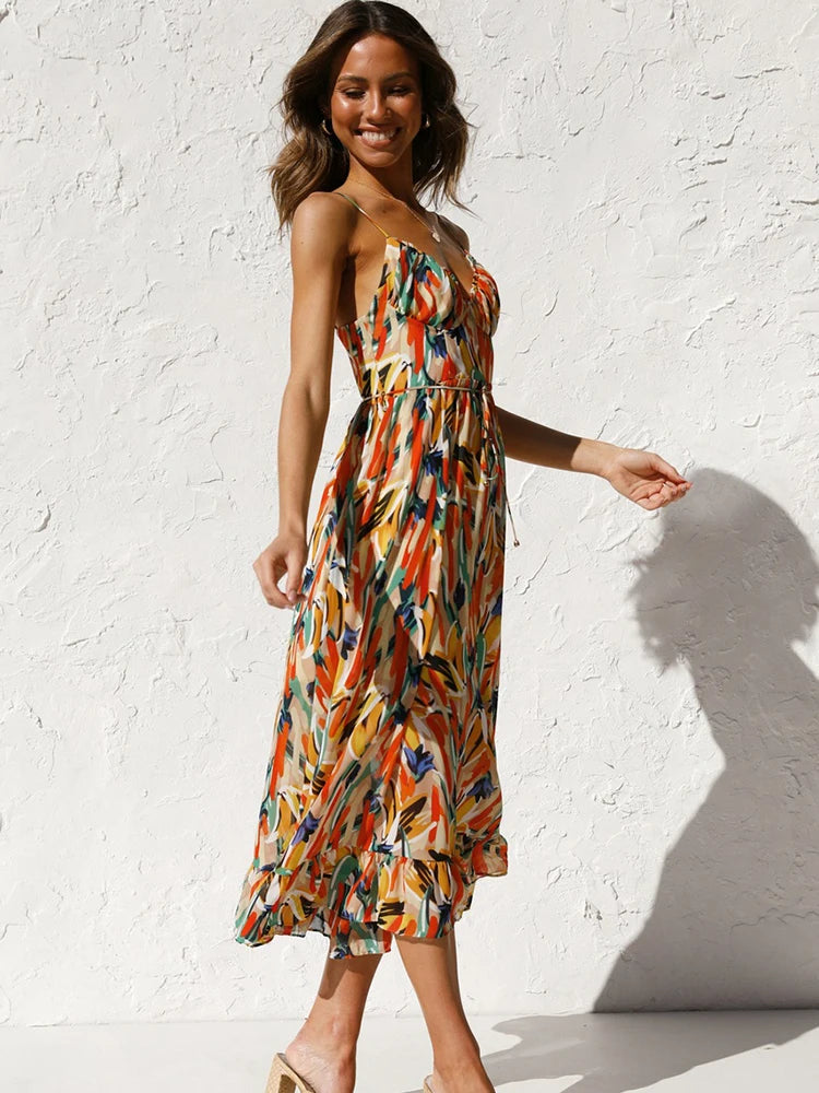 Bohemian Floral Print Mid-Calf Dress - Spaghetti Strap Sexy Casual Sundress Dress LUNARITY GARAGE