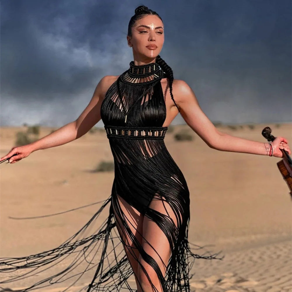 Women's Turtleneck Tassel Sheer Maxi Dress – Sexy Club & Beach Party Outfit Dress LUNARITY GARAGE