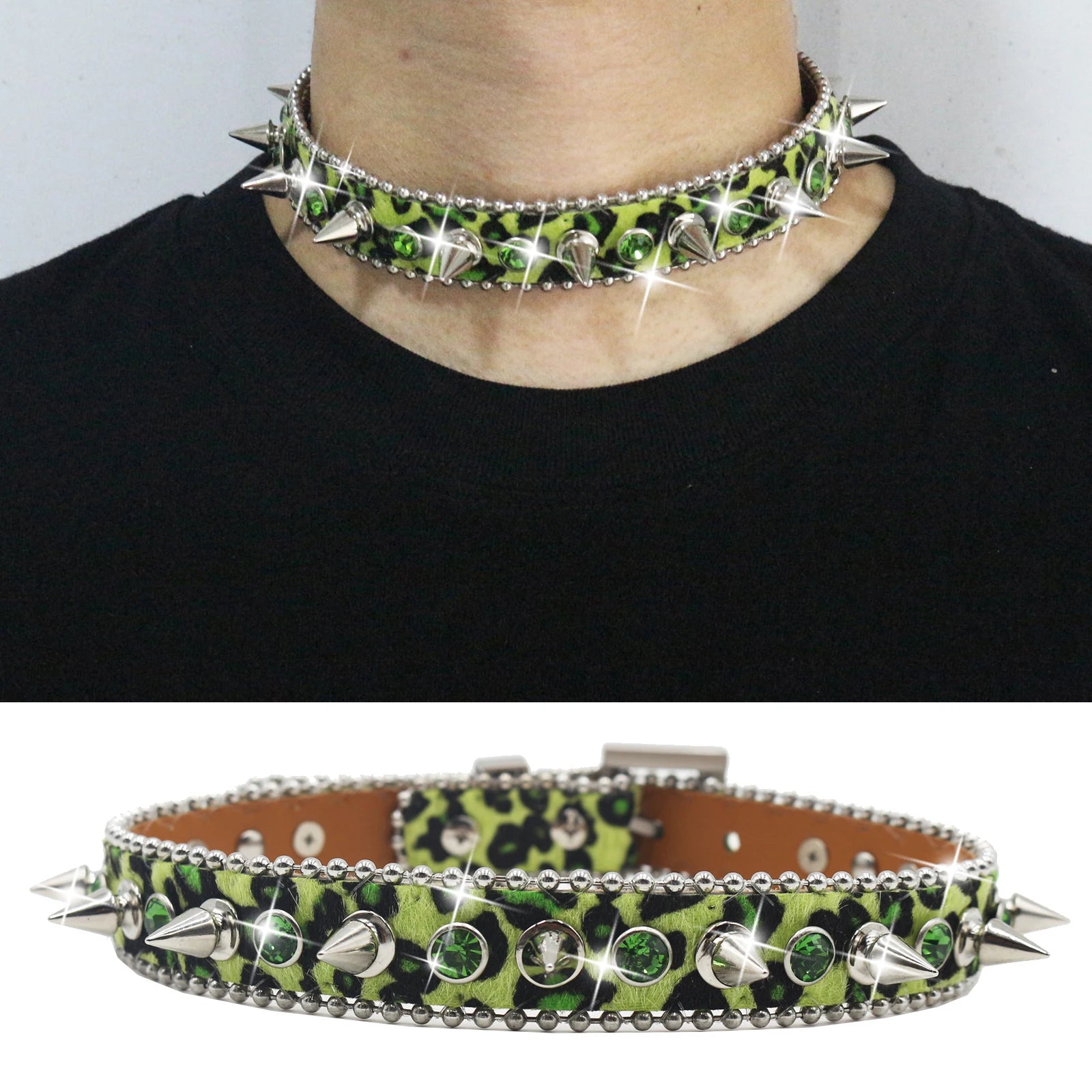 Gothic Leopard Rivet Rhinestone Choker – Y2K Steampunk Party Collar choker LUNARITY GARAGE 50cm Green
