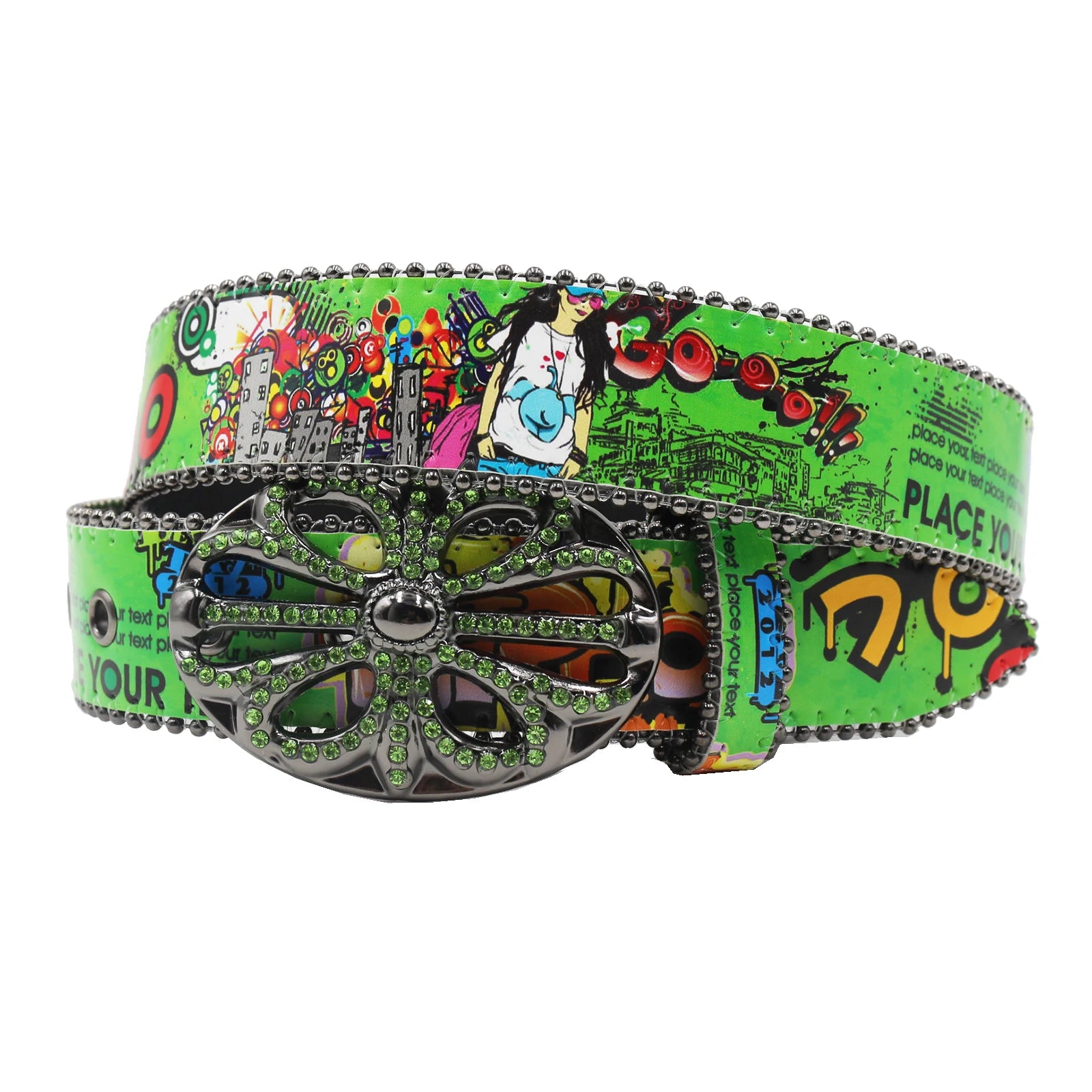 Bohemia Hip-Hop Graffiti Print Rhinestone Belt – Cowgirl & Cowboy Bling belt LUNARITY GARAGE Green 105CM