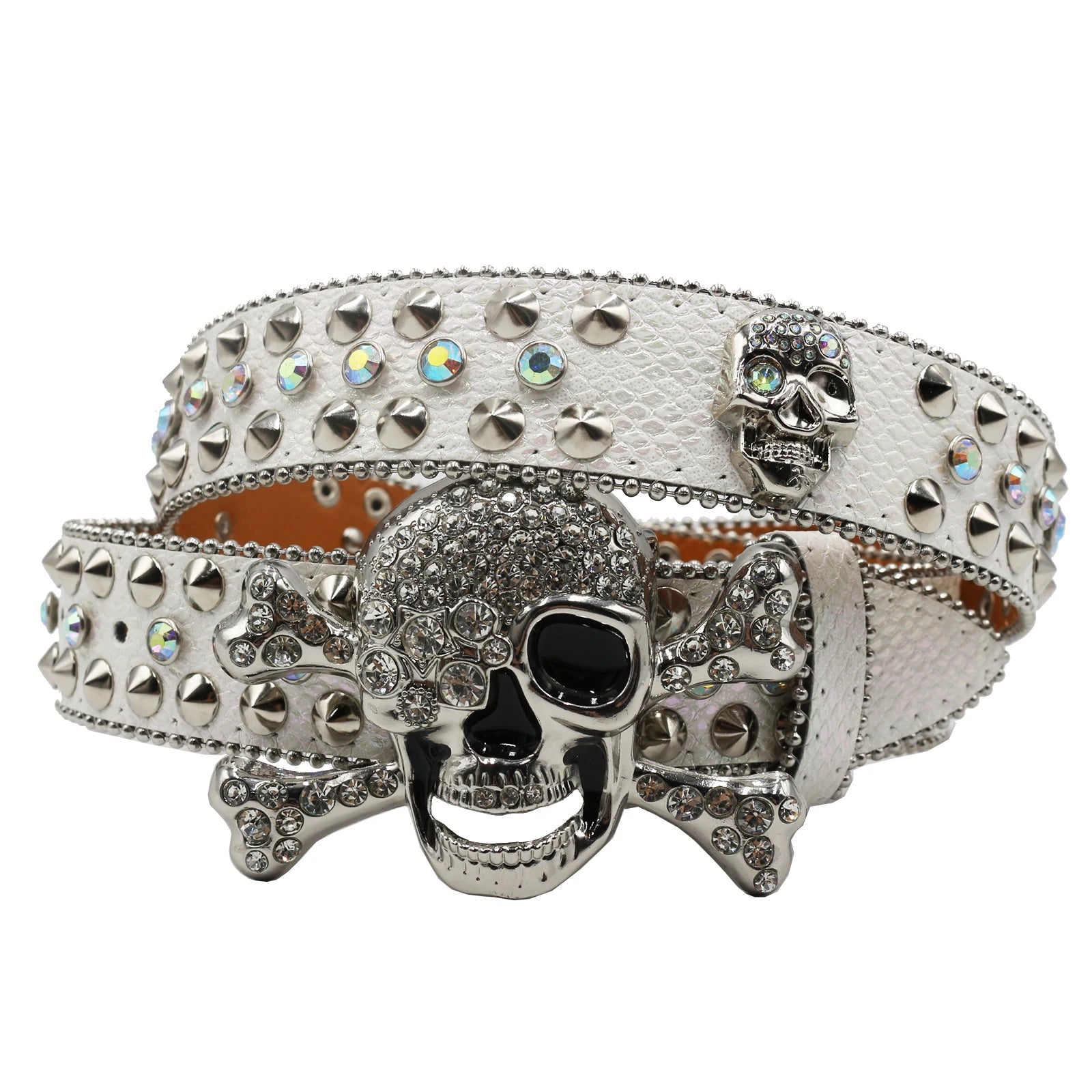 Skull Rhinestone Cowboy Belt – European & American Style Pin Buckle belt LUNARITY GARAGE JD-KLT-White 125cm