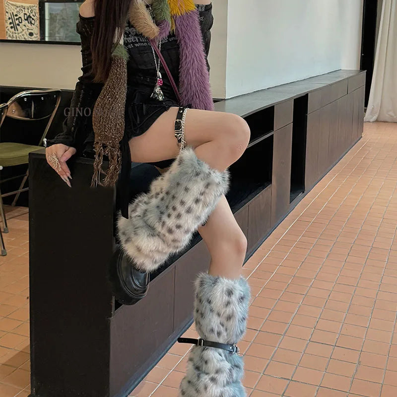 Winter Leopard Print Faux Fur Leg Warmers – Y2K Plush Punk Chain PU Belt, Harajuku Thickened Boots Cover, Fluffy Socks Leg warmer LUNARITY GARAGE